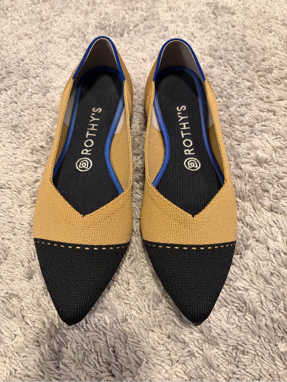 Rothy's Pointed Two-Tone Flats in Camel and Black